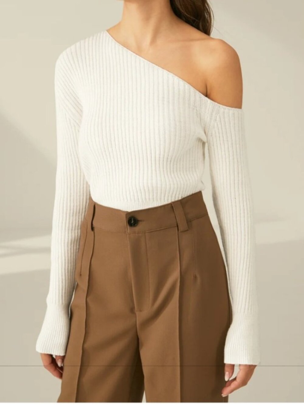 Commense ribbed one shoulder long sleeve pullover sweater in cream sz xs